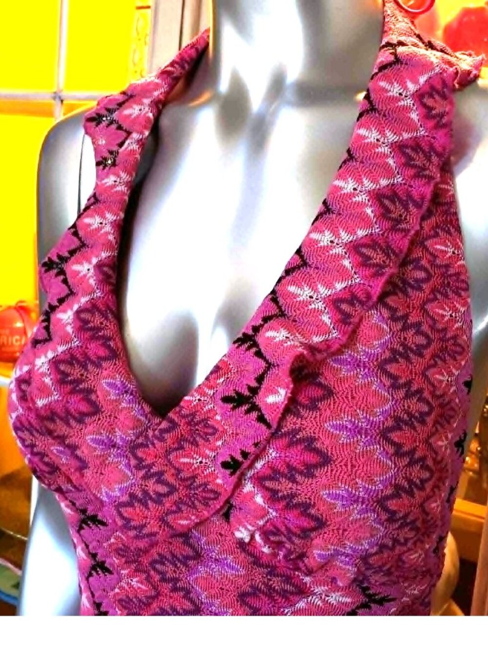 Betsey Johnson Vintage New York Y2K 90s Open Woven Knit Pink Midi Halter Dress S - Picture 13 of 16